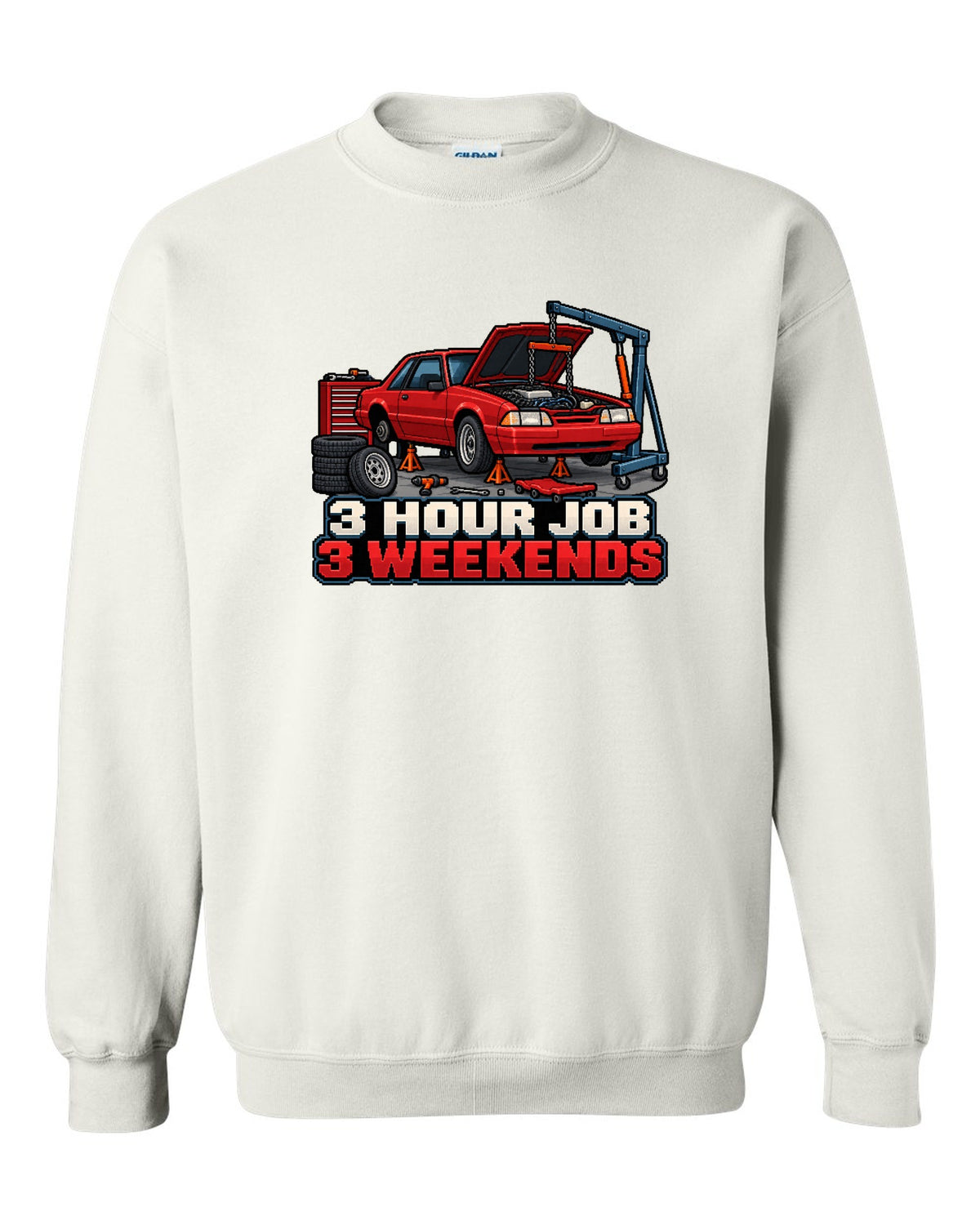 16-bit pixel art print of a 1989 Ford Mustang Fox Body notchback in a workshop white crewneck front view with the design