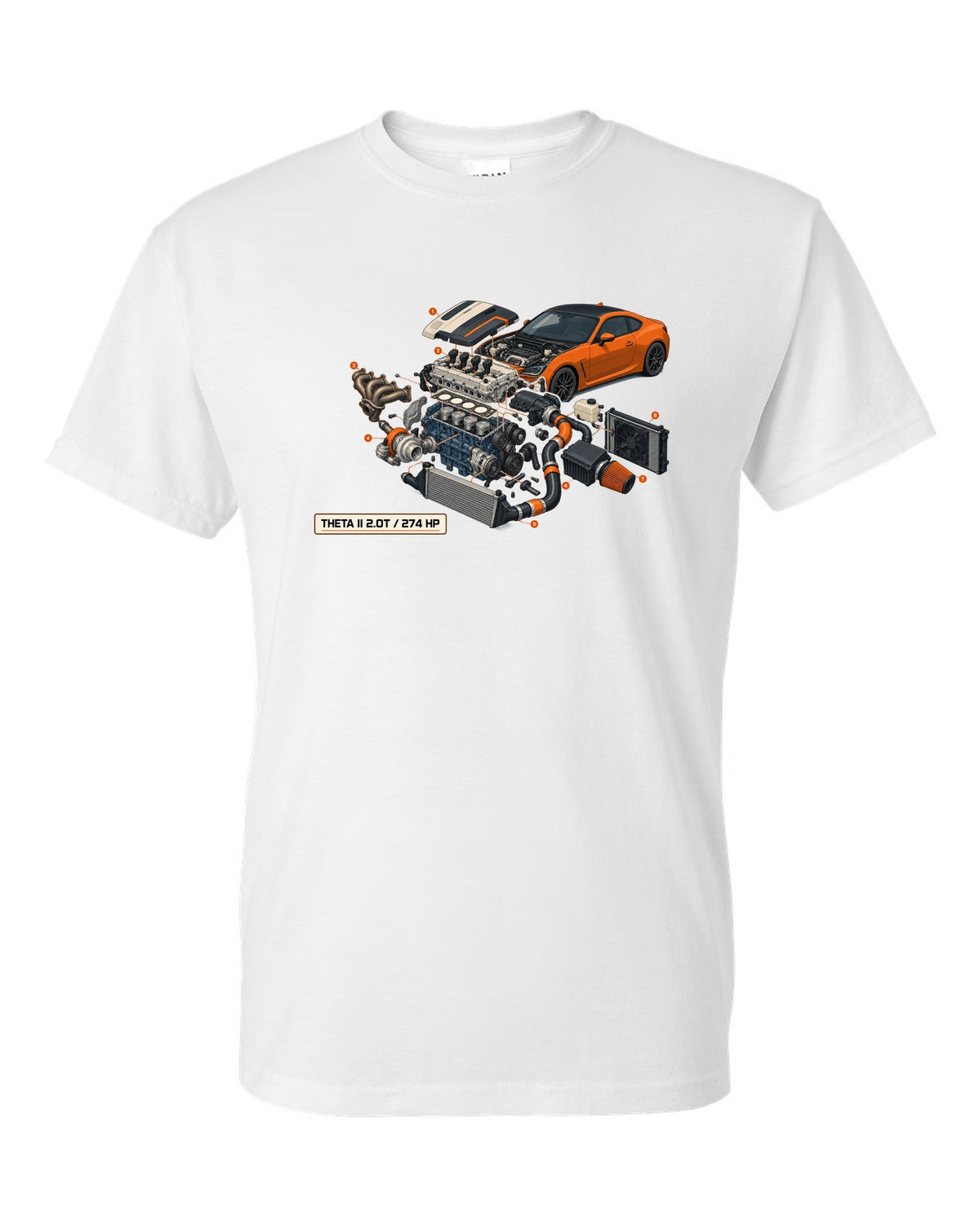 Hyundai Genesis Coupe BK2 isometric exploded cutaway print with Theta II 2.0T and 274 HP white t-shirt front view with the design