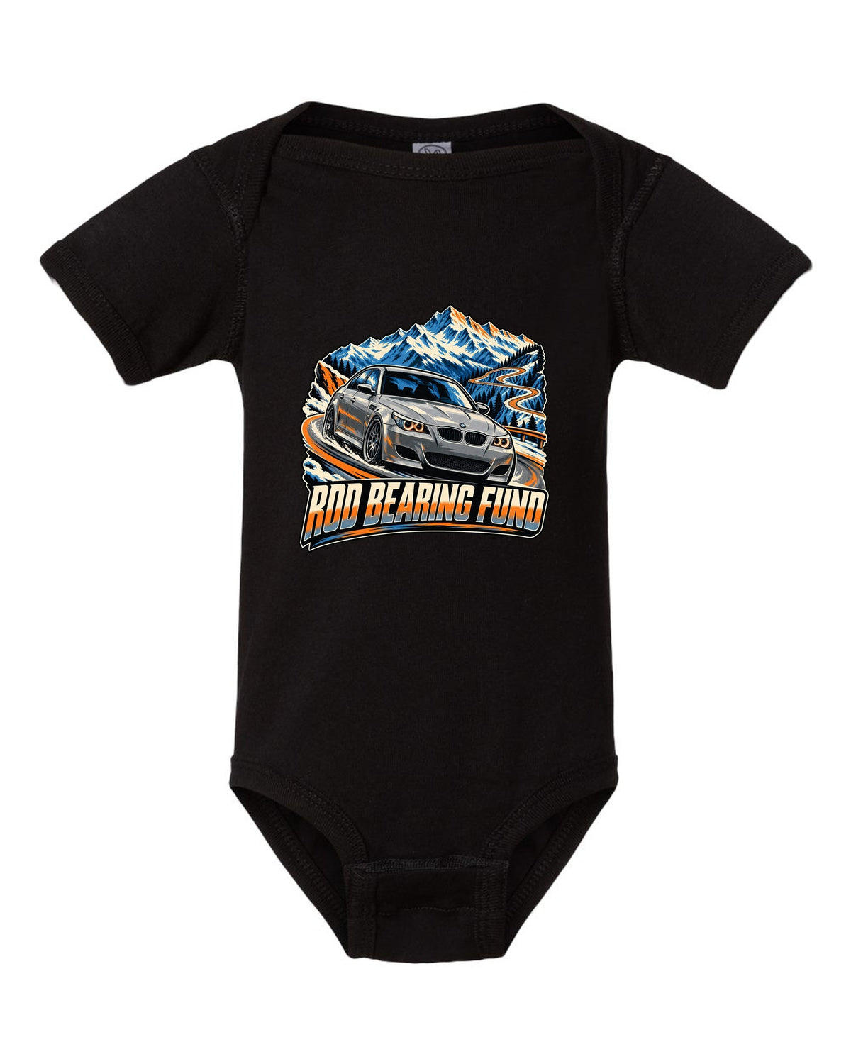 Retro Japanese showa catalogue print of a BMW M5 E28 with S38 3.5 six text black baby onesie front view with the design