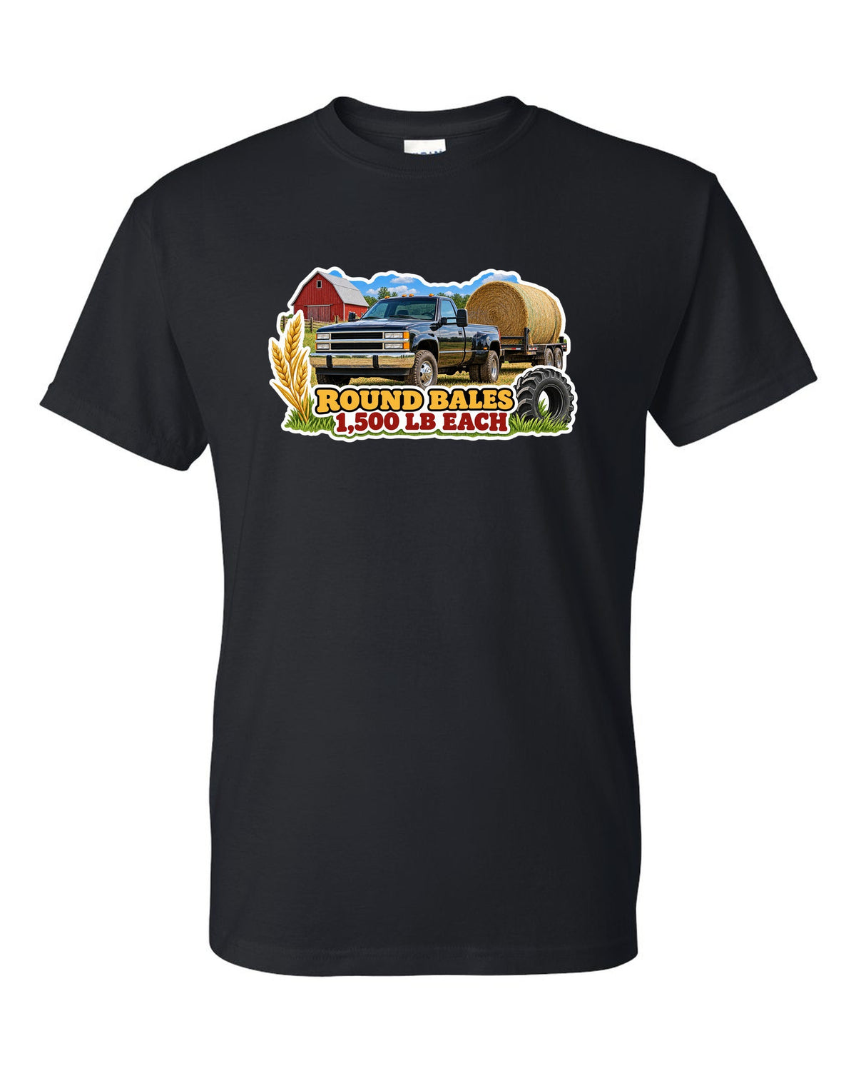 Sticker collage print of a 2010-2018 Ram 2500 6.7 hauling round bales with 1,500 lb each text black t-shirt front view with the design