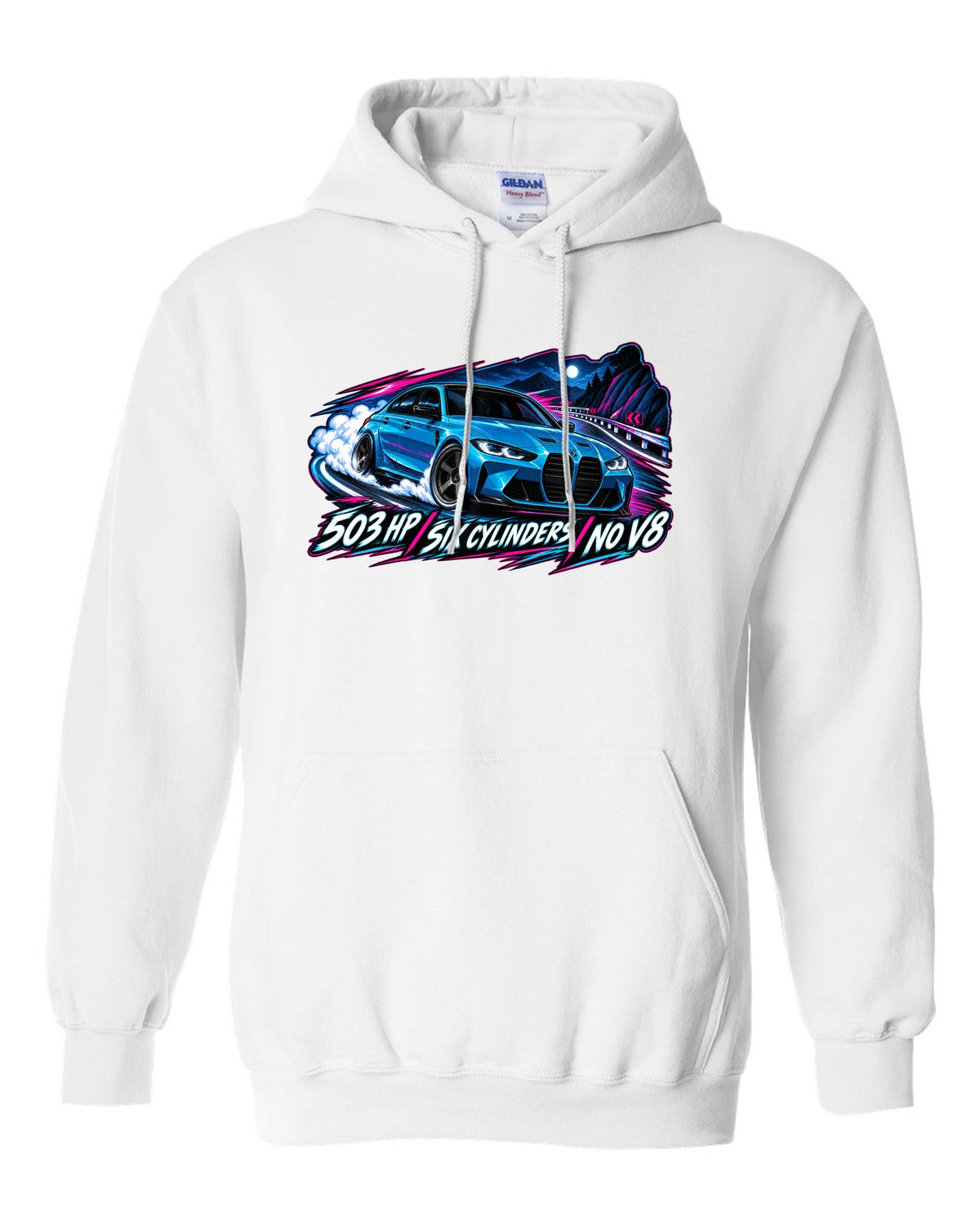 BMW G80 M3 Competition cel-shaded anime night touge print with 503 HP text white pull over hoodie front view with the design