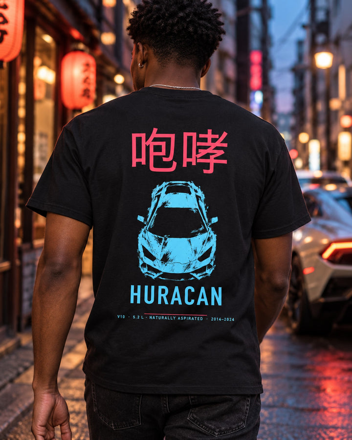 HURACAN V10 Full-Back Graphic Tee T-Shirt Black worn hero