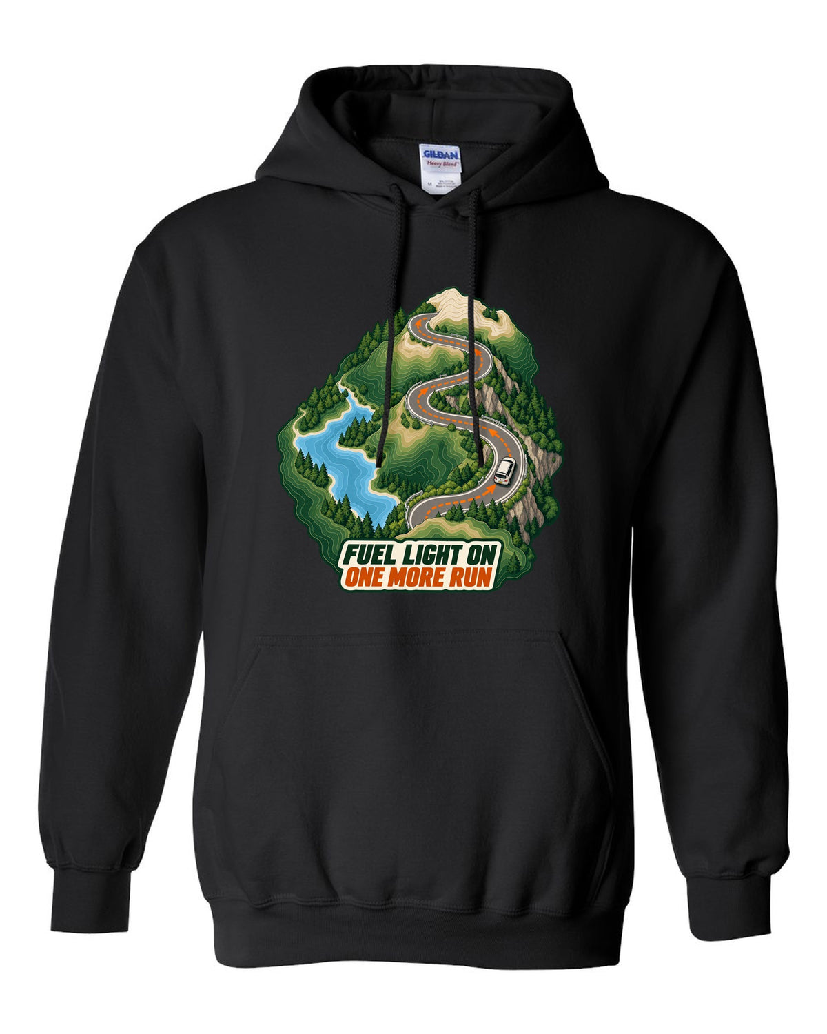 Topographic route map print of a Toyota Corolla Levin AE86 with Fuel Light On lettering black pull over hoodie front view with the design