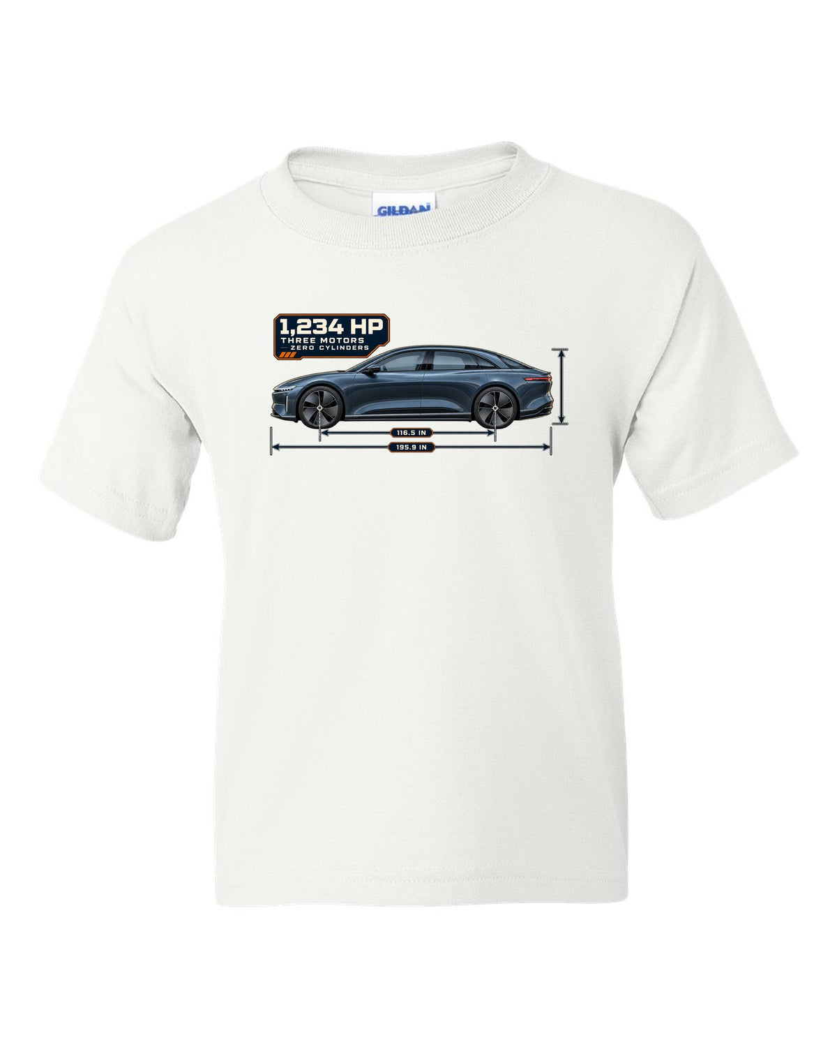 Dimension blueprint print of a Lucid Air Sapphire 2023 white kids tee front view with the design