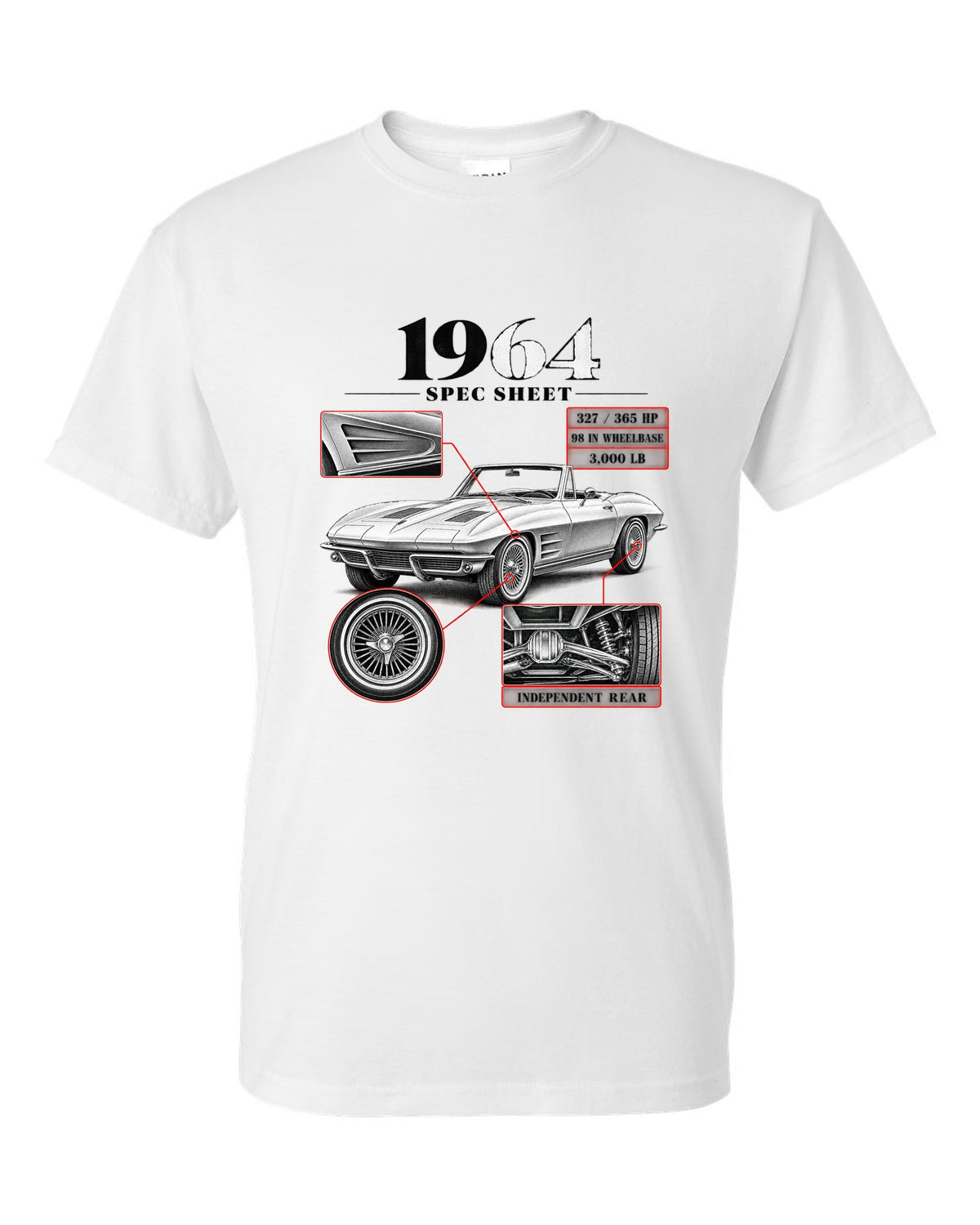 Chevrolet Corvette C2 Sting Ray 1964 convertible spec sheet print white t-shirt front view with the design