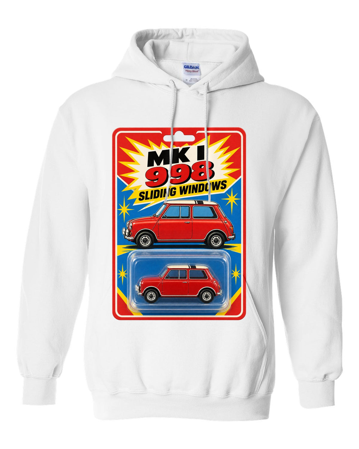 1967 Mini Cooper Mk I on a toy blister card with 998 and sliding windows text white pull over hoodie front view with the design