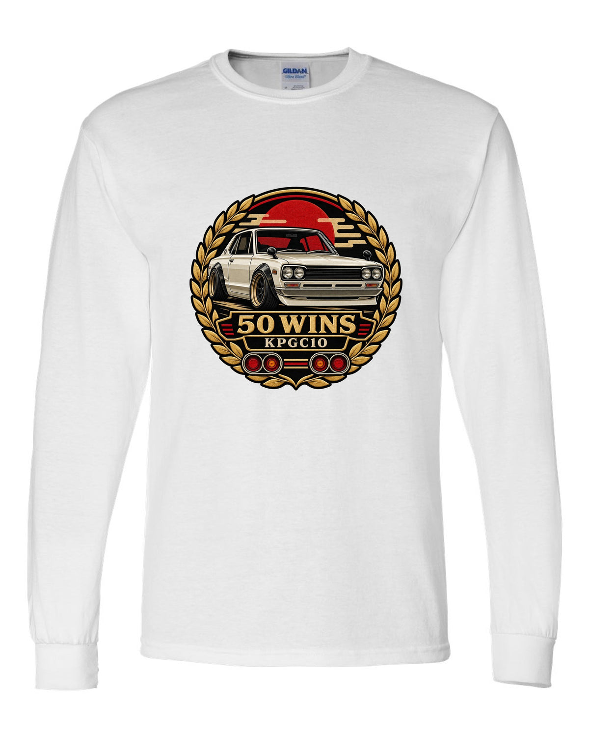 Round crest print for the Skyline Hakosuka KPGC10 with 50 Wins lettering white long sleeve front view with the design