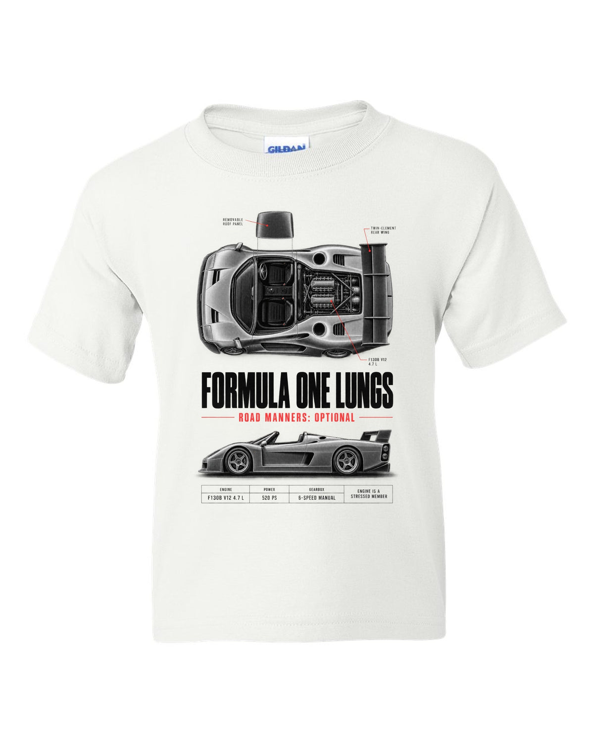 Ferrari F50 1995 top-down and profile spec poster print, F130B V12 4.7 L white kids tee front view with the design