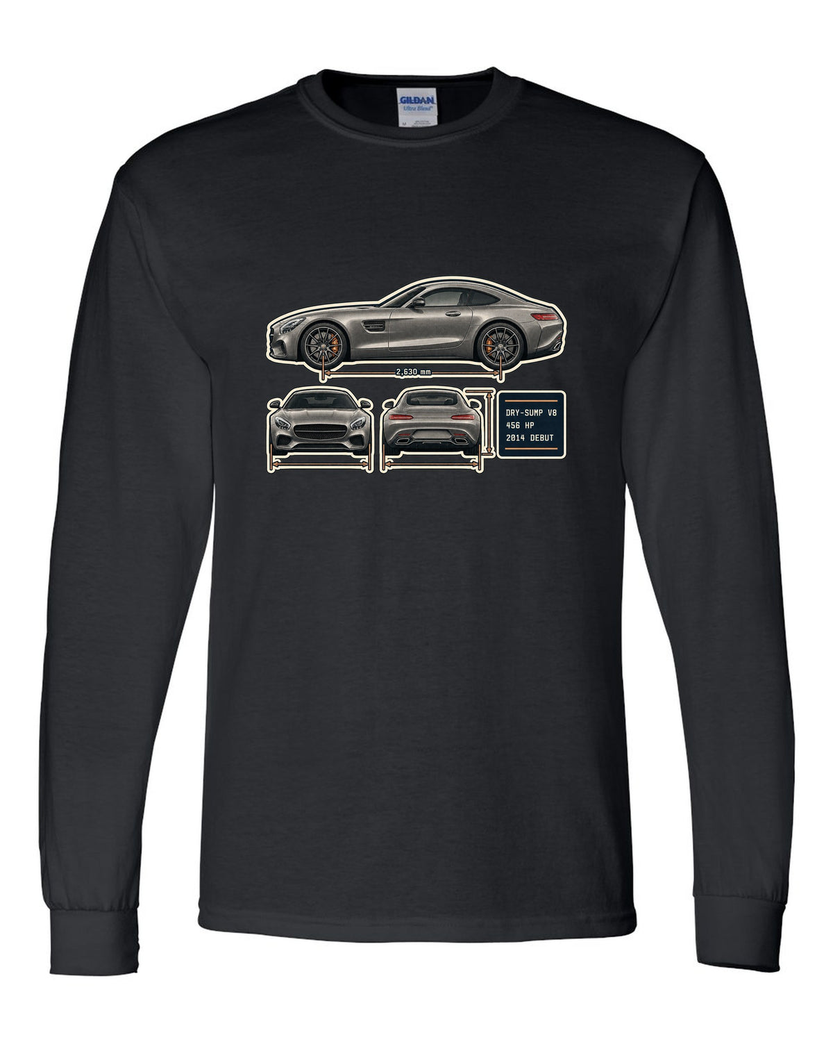 Mercedes-AMG GT C190 three-view and spec table print black long sleeve front view with the design