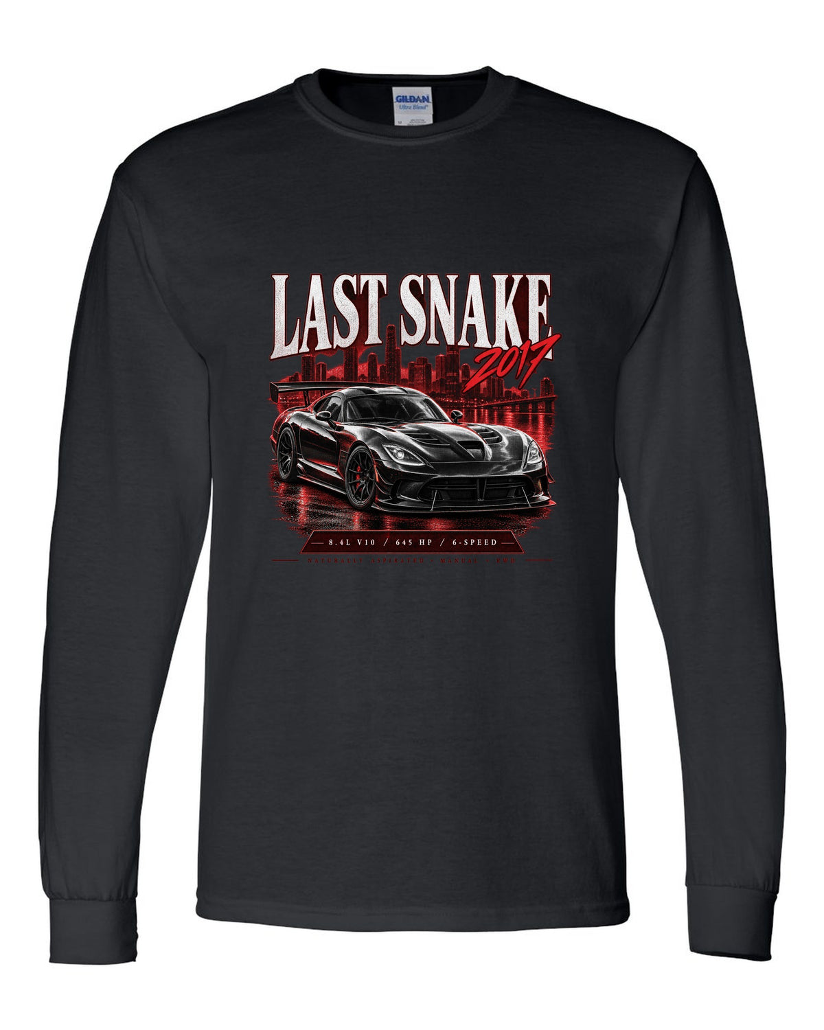 Archive panel print of the 2017 Dodge Viper VX I ACR with 8.4L V10 and 645 HP specs black long sleeve front view with the design