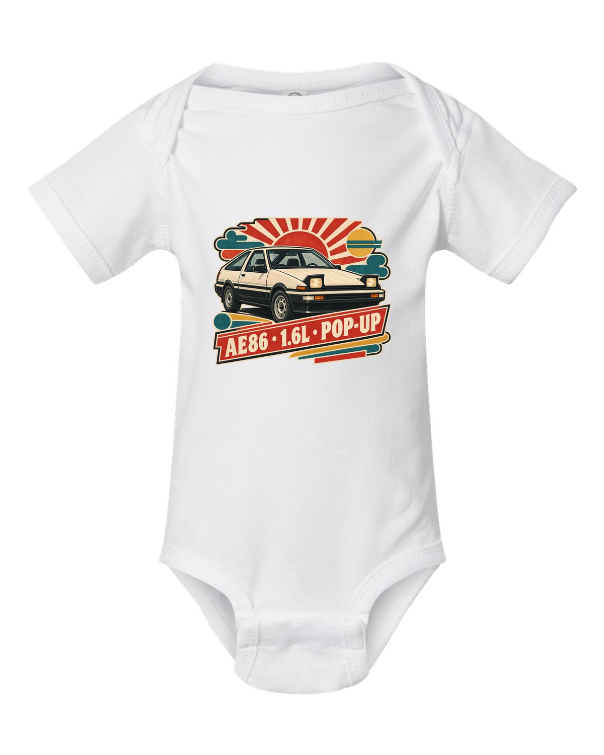 Retro Japanese Showa catalogue ad style print of a 1985 Toyota Sprinter Trueno AE86 with pop-up lettering white baby onesie front view with the design