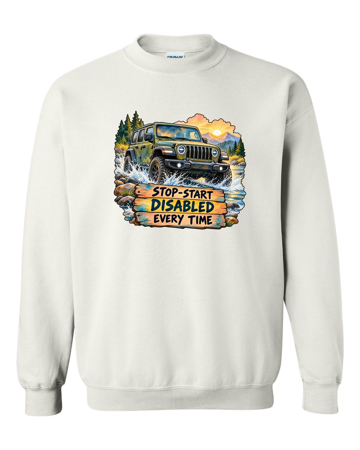 Watercolour night road print of a Jeep Wrangler JL with stop-start disabled text white crewneck front view with the design