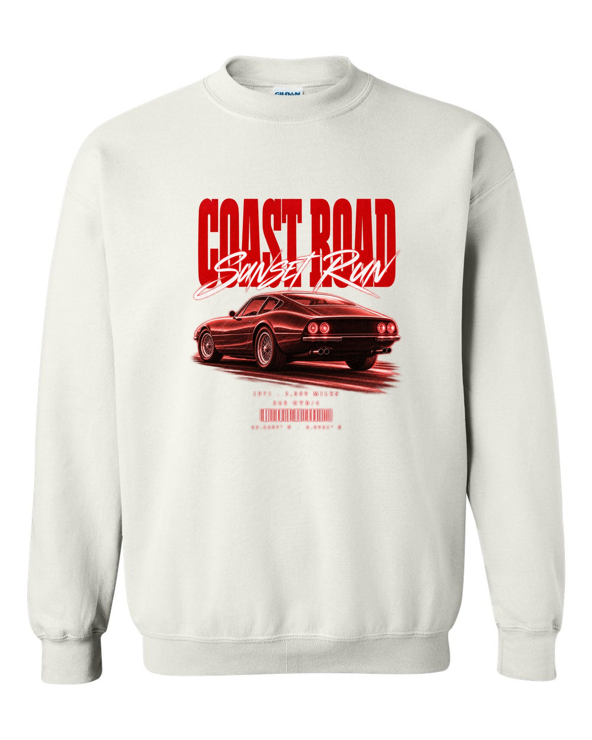 Street poster print of a Ferrari 365 GTB/4 Daytona with Coast Road, Sunset Run, 1971, 2,800 miles white crewneck front view with the design