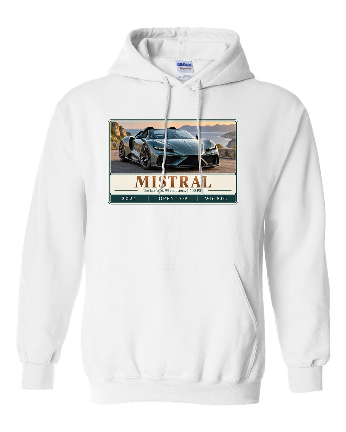 Bugatti Mistral roadster editorial headline print about the last W16 white pull over hoodie front view with the design
