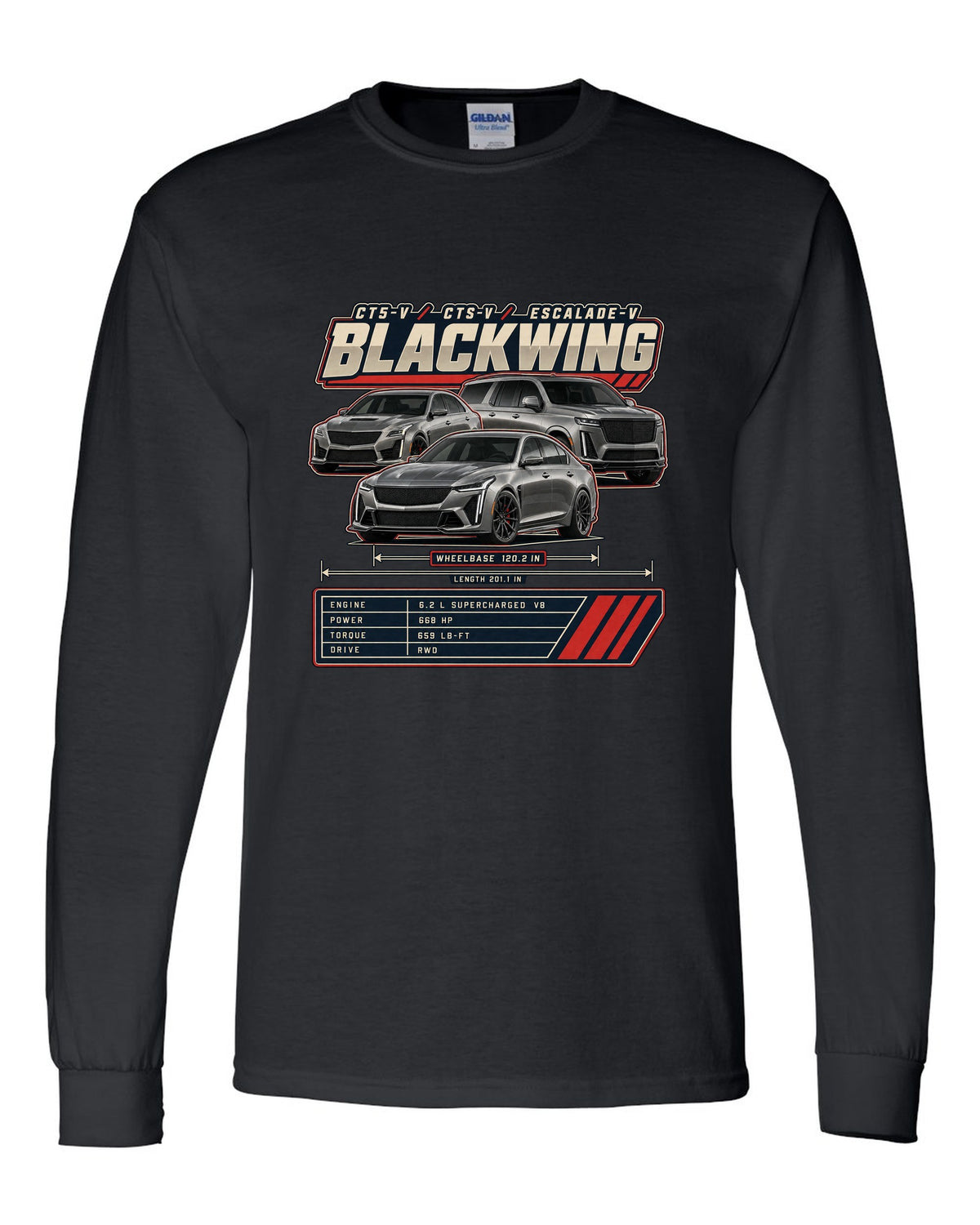 Spec poster print of a Dodge Charger SRT Hellcat Redeye Widebody black long sleeve front view with the design