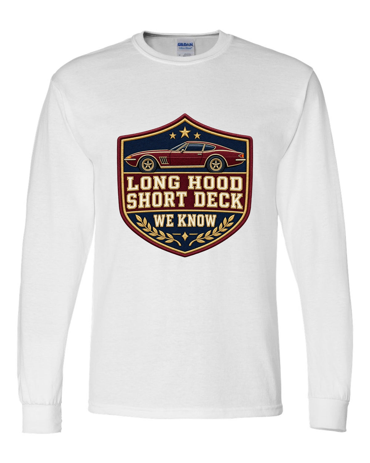 Embroidery varsity crest print for a Hyundai Genesis Coupe BK2 with long hood short deck text white long sleeve front view with the design