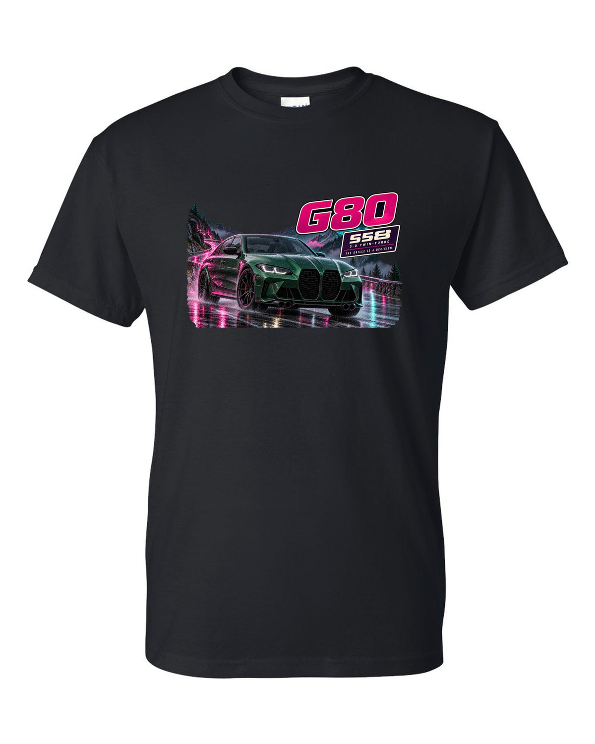 Touge night street print of an Isle of Man green BMW M3 Competition G80 black t-shirt front view with the design