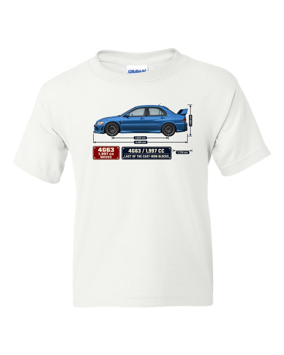 Lancer Evolution IX MR Blueprint white kids tee front view with the design