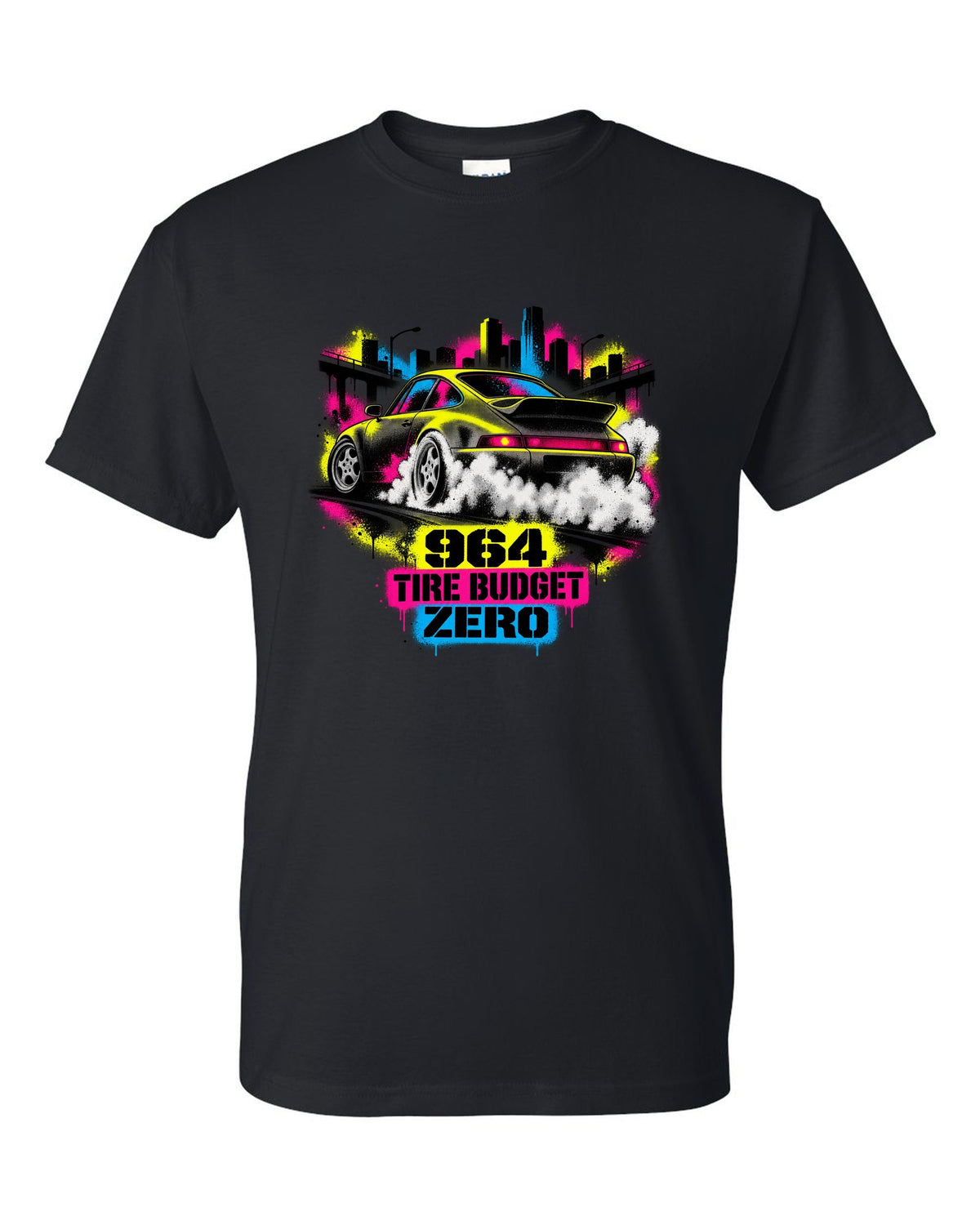 Street-art stencil print of a Porsche 911 Carrera 4 964 with the text 964, tire budget, zero black t-shirt front view with the design