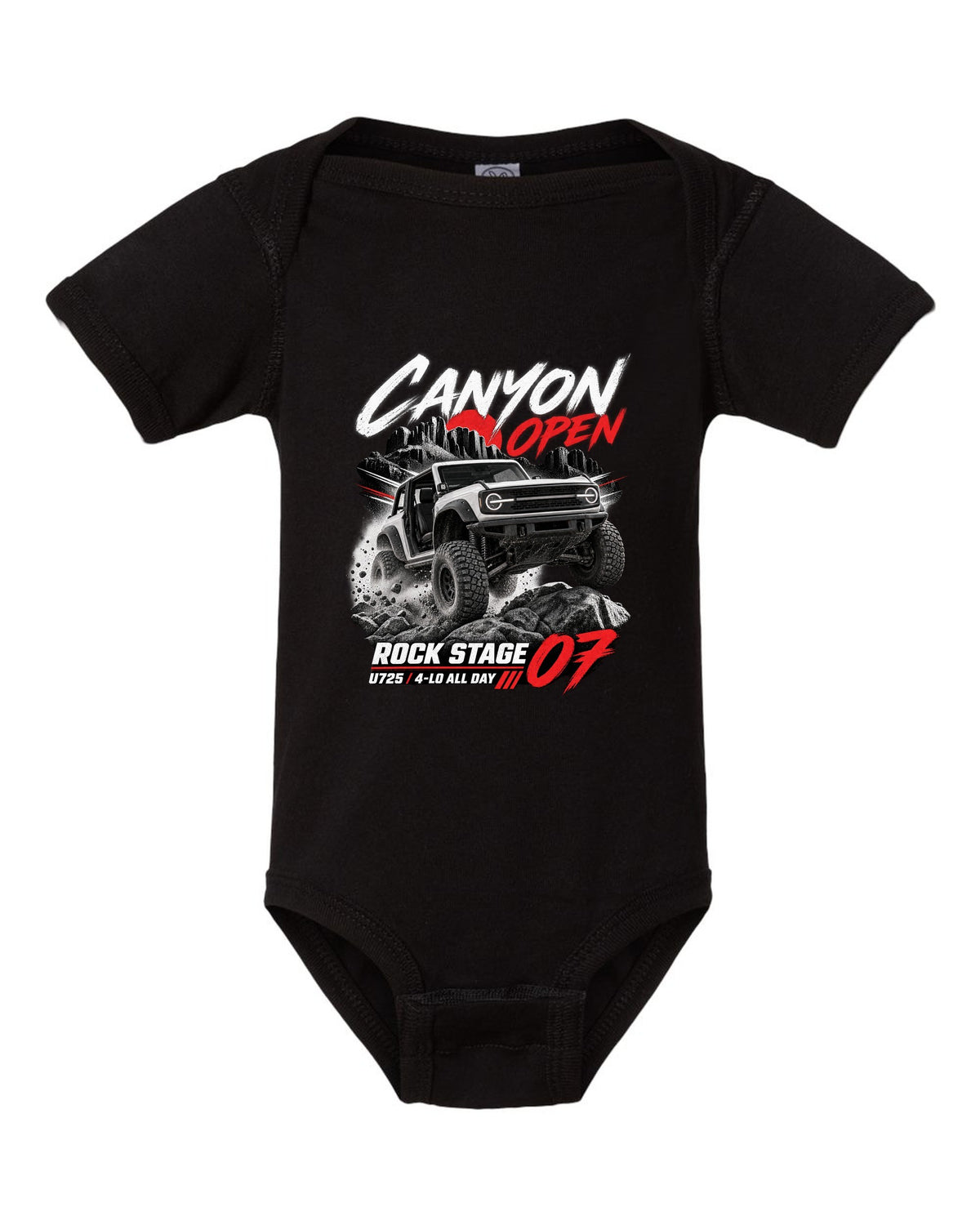 Ford Bronco 2021 two-door U725 race poster print with Rock Stage 07 and 4-Lo text black baby onesie front view with the design
