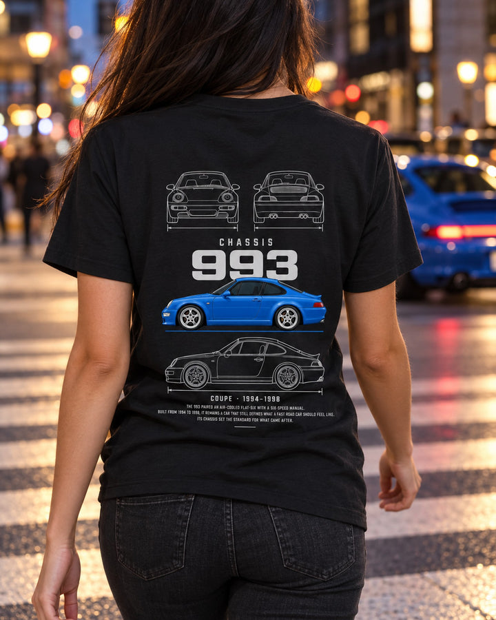 Porsche 911 (993) Blueprint Full-Back Graphic Tee, 993 Chassis Code T-Shirt Black worn hero