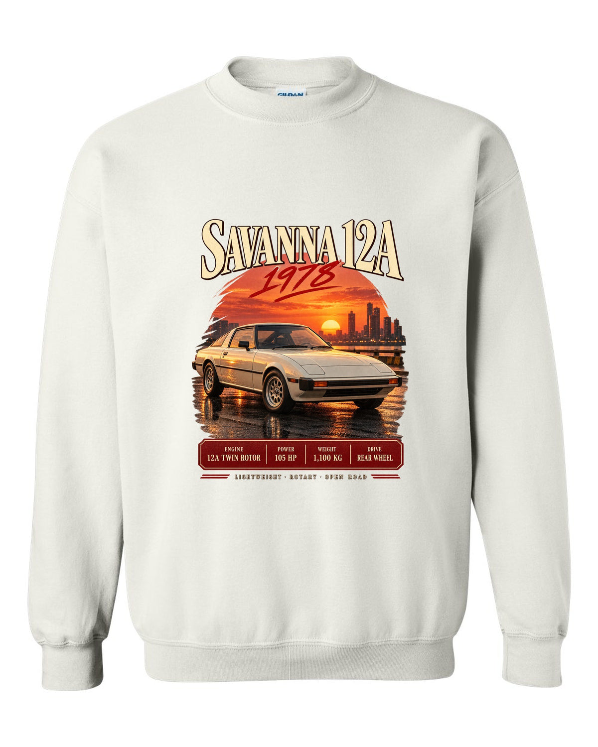 Archive panel print for the Mazda RX-7 SA22C 1978-85 with Savanna 12A and 1,100 kg details white crewneck front view with the design
