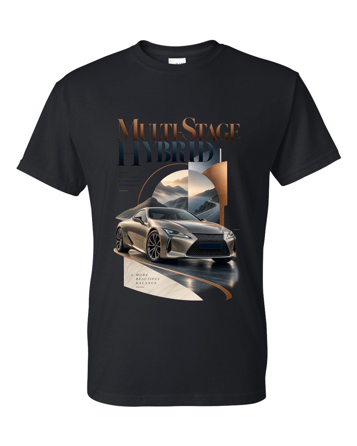 Editorial headline layout for the Lexus LC 500h hybrid black t-shirt front view with the design