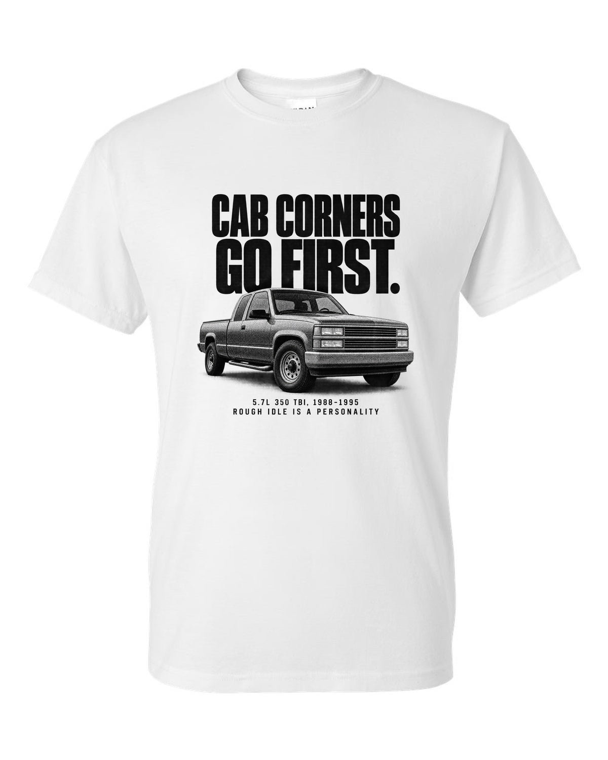 Halftone print of a 1988-98 Chevrolet GMT400 C1500 OBS with 5.7L 350 TBI text white t-shirt front view with the design
