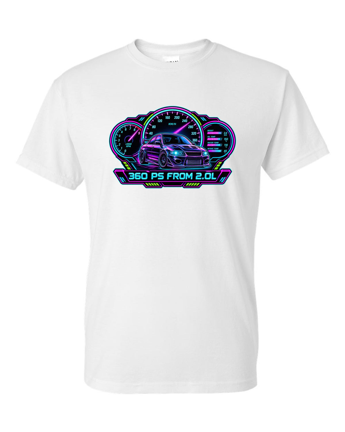 Neon cyberpunk gauge cluster print for the Mitsubishi Evo IX CT9A with 360 PS from 2.0L text white t-shirt front view with the design