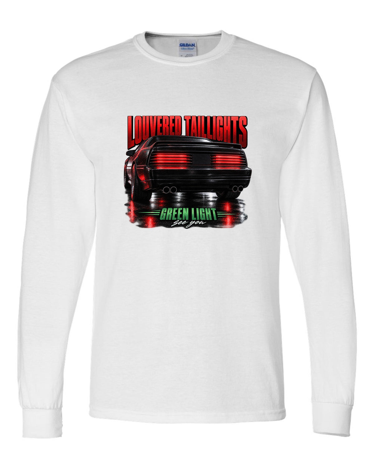 Macro print of a louvered Fox Body Mustang GT taillight, 1987-93 white long sleeve front view with the design