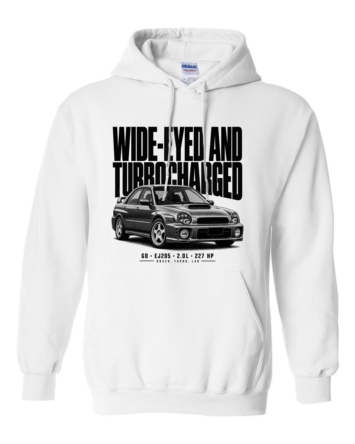 Halftone Subaru Impreza WRX GD Bugeye saloon with wide-eyed and turbocharged text white pull over hoodie front view with the design