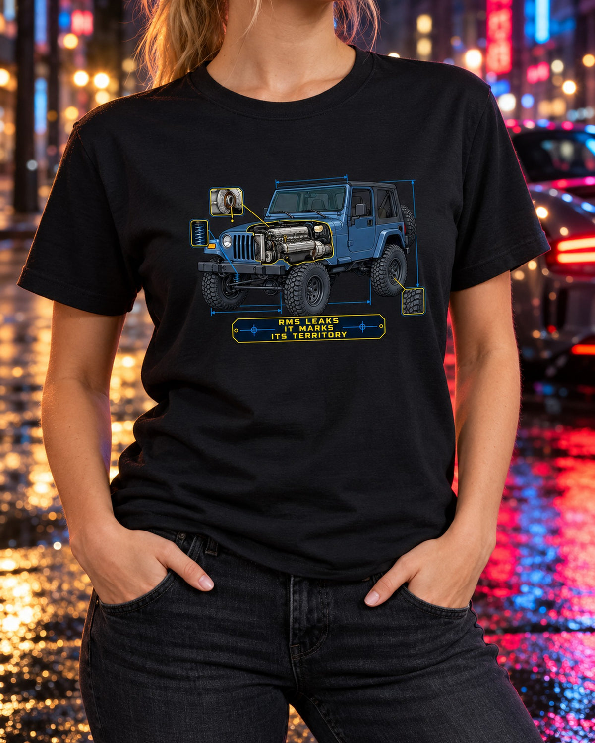 Jeep Wrangler TJ Engine Cutaway Blueprint Shirt, Rear Main Seal Joke T-Shirt Black worn hero