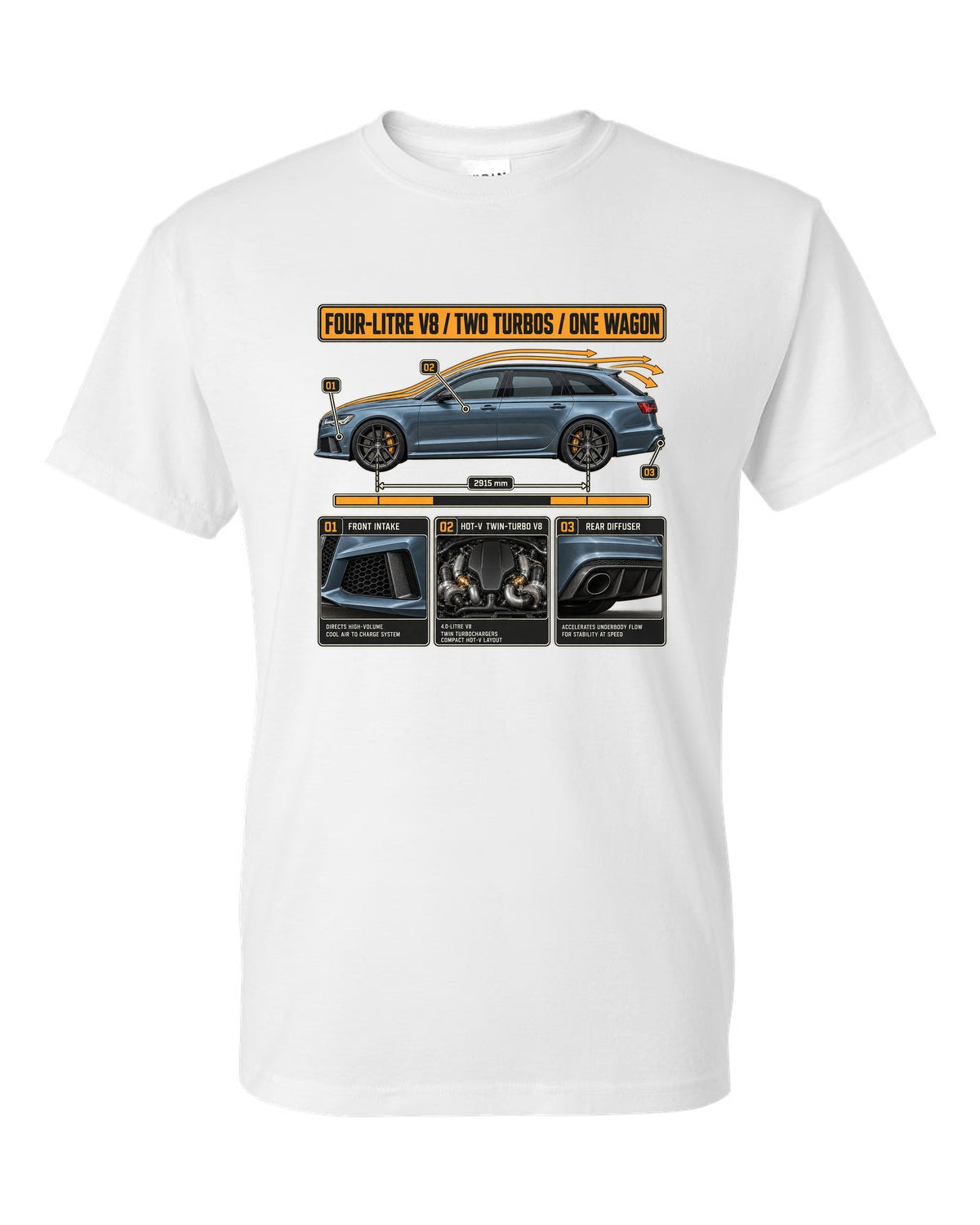 Audi RS6 Avant C7 steel blue aero cutaway callouts print white t-shirt front view with the design