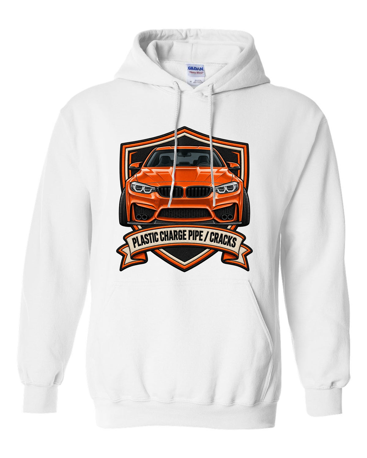 BMW F80 M3 varsity crest print with charge pipe joke text white pull over hoodie front view with the design