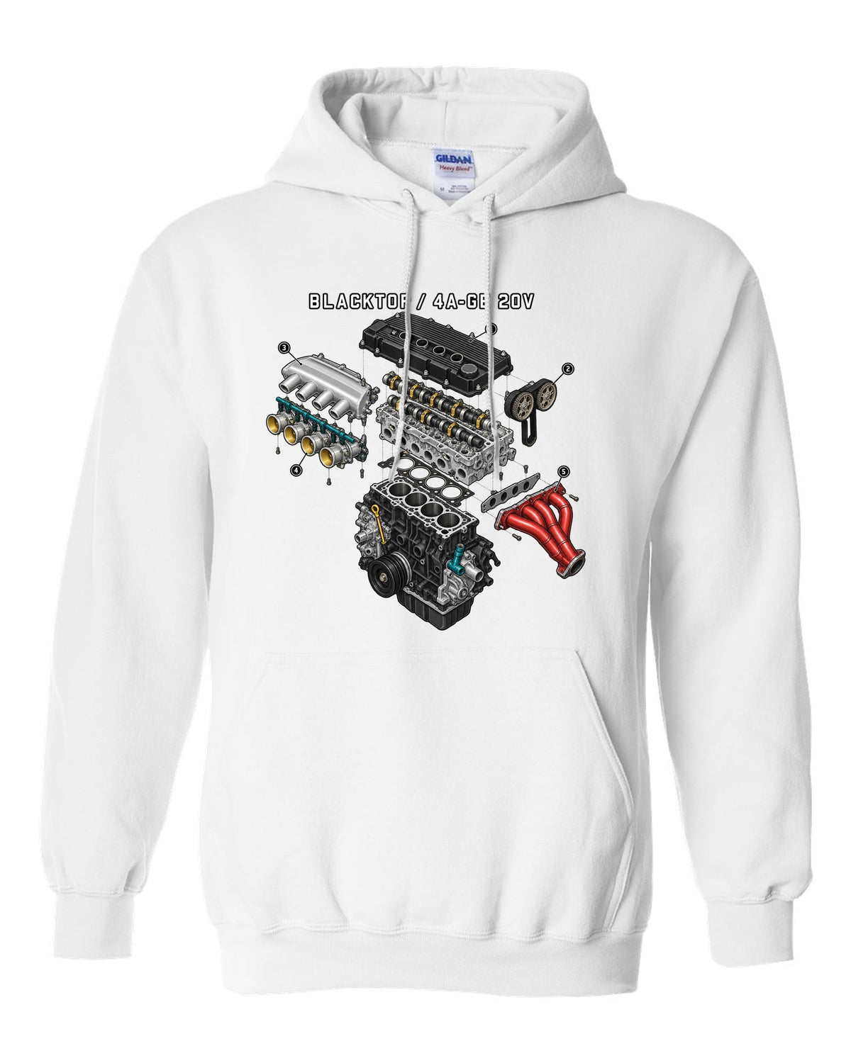 Exploded engine diagram of the blacktop 4A-GE 20V for the Toyota Corolla AE111 white pull over hoodie front view with the design