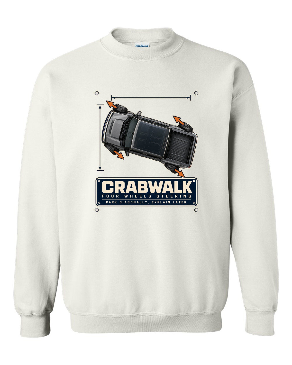 Top-view dimension blueprint print of a Hummer EV pickup showing CrabWalk diagonal steering white crewneck front view with the design