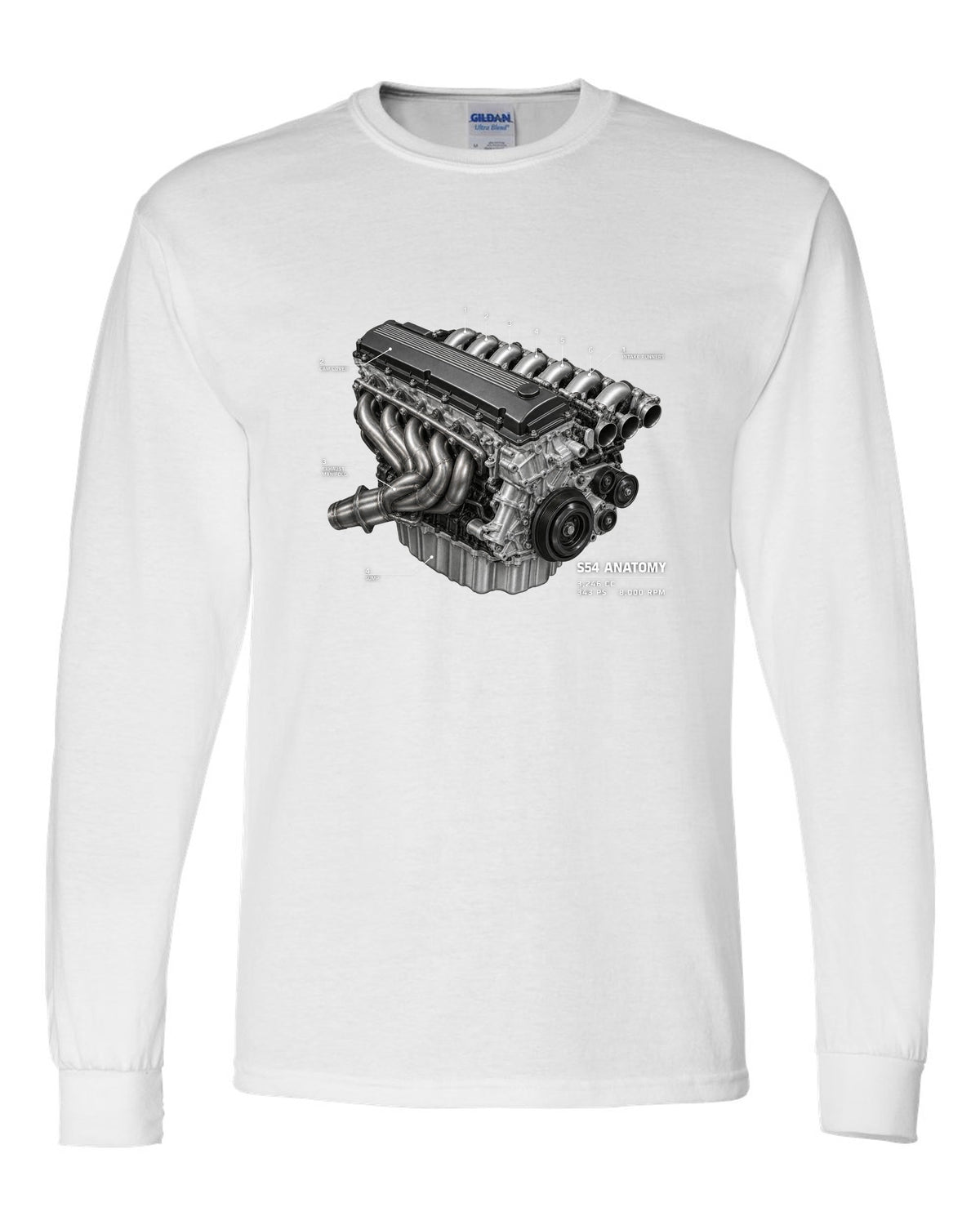 BMW E46 M3 S54 engine anatomy print with 3,246 cc 343 PS and 8,000 rpm text white long sleeve front view with the design