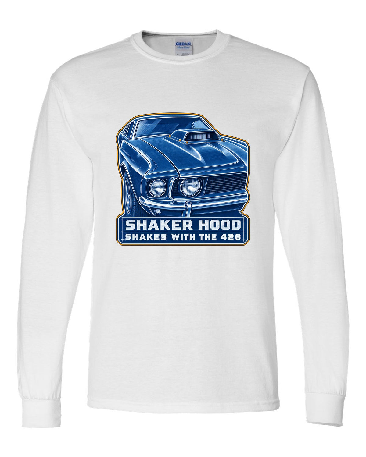 Cyanotype blueprint print of a 1969 Ford Mustang fastback shaker hood white long sleeve front view with the design