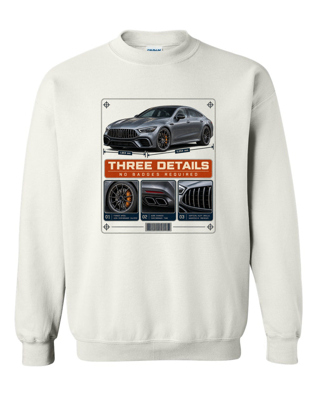 Mercedes-AMG GT 63 S 4-Door X290 dossier panel design in slate and orange white crewneck front view with the design