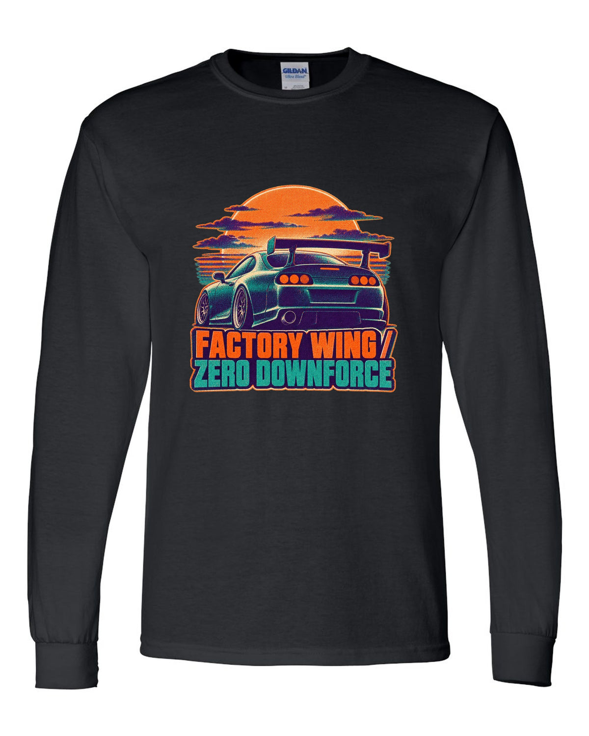 Risograph two-colour dusk print of a Toyota Supra A80 JZA80 with factory wing zero downforce text black long sleeve front view with the design