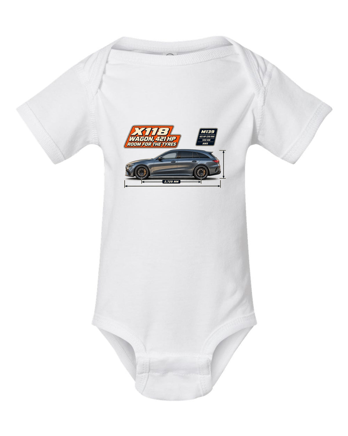 Mercedes-AMG CLA 45 S Shooting Brake X118 wagon spec poster print white baby onesie front view with the design