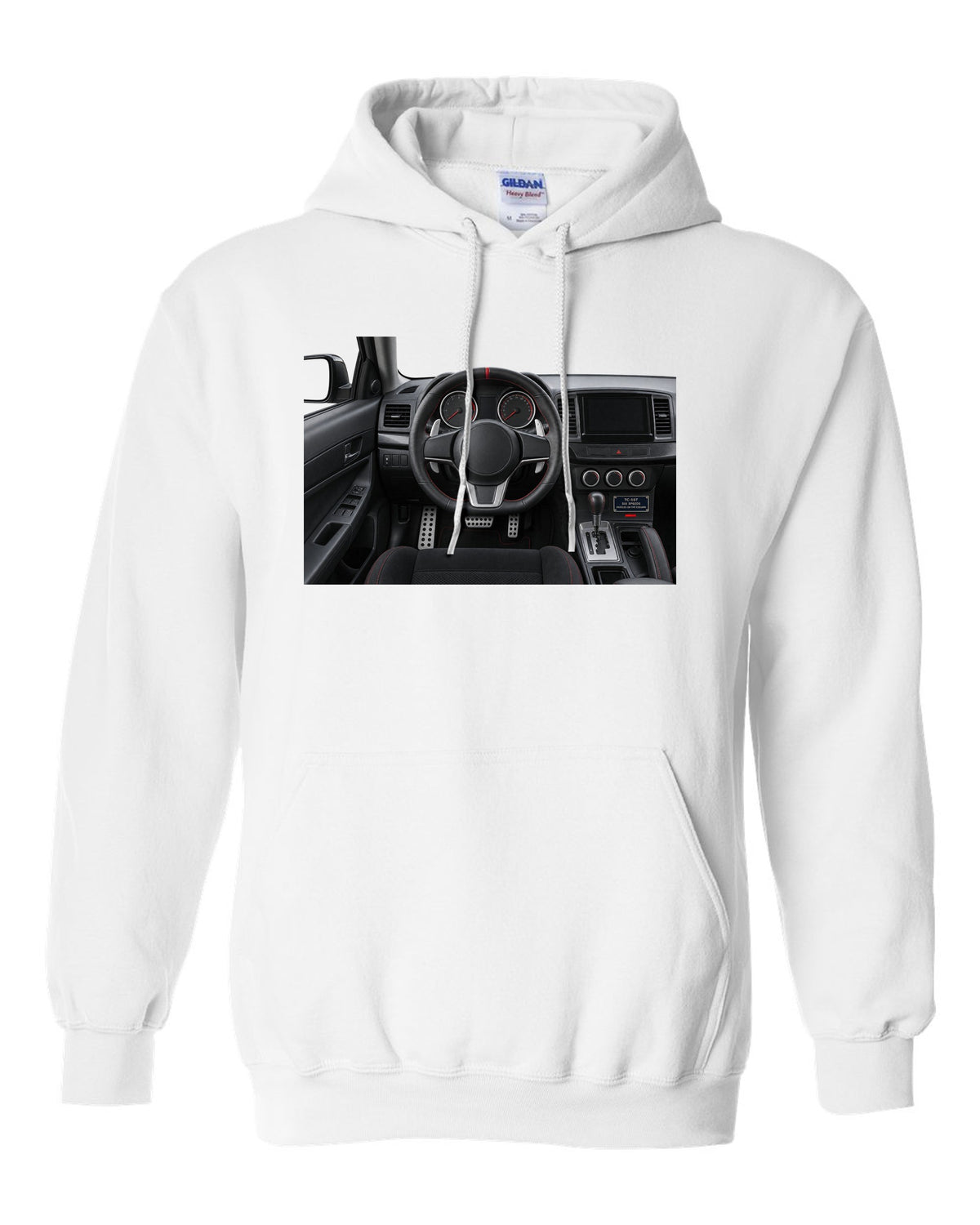 Mitsubishi Lancer Evolution X driver view cockpit and gauges print white pull over hoodie front view with the design