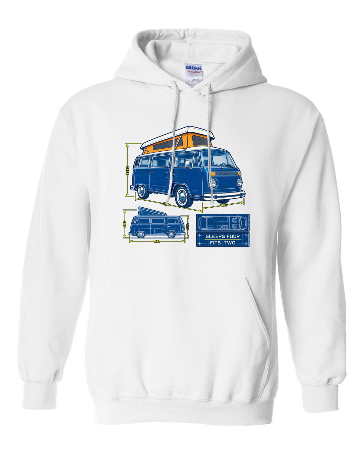 Cyanotype negative blueprint of a VW Bay Window T2 camper with sleeps four fits two text white pull over hoodie front view with the design