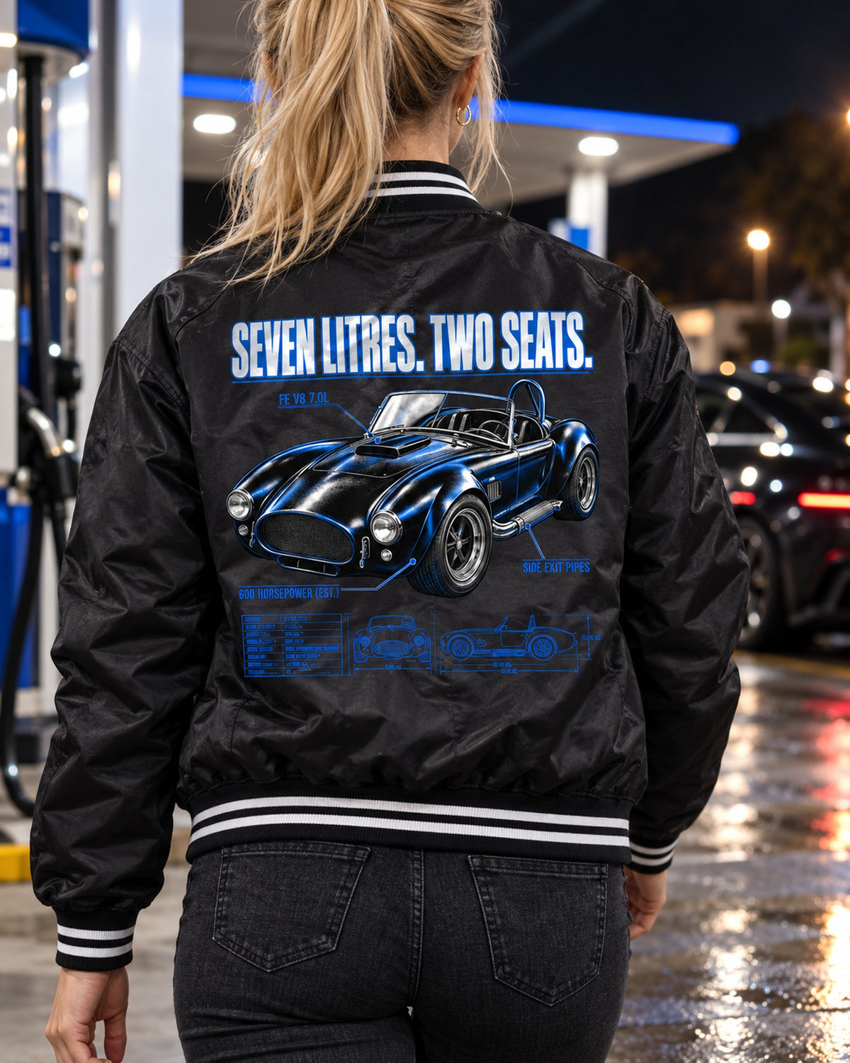 Shelby-Style 427 Roadster Top-Down Spec Poster Shirt, 1965-67 Bomber Jacket Black worn hero