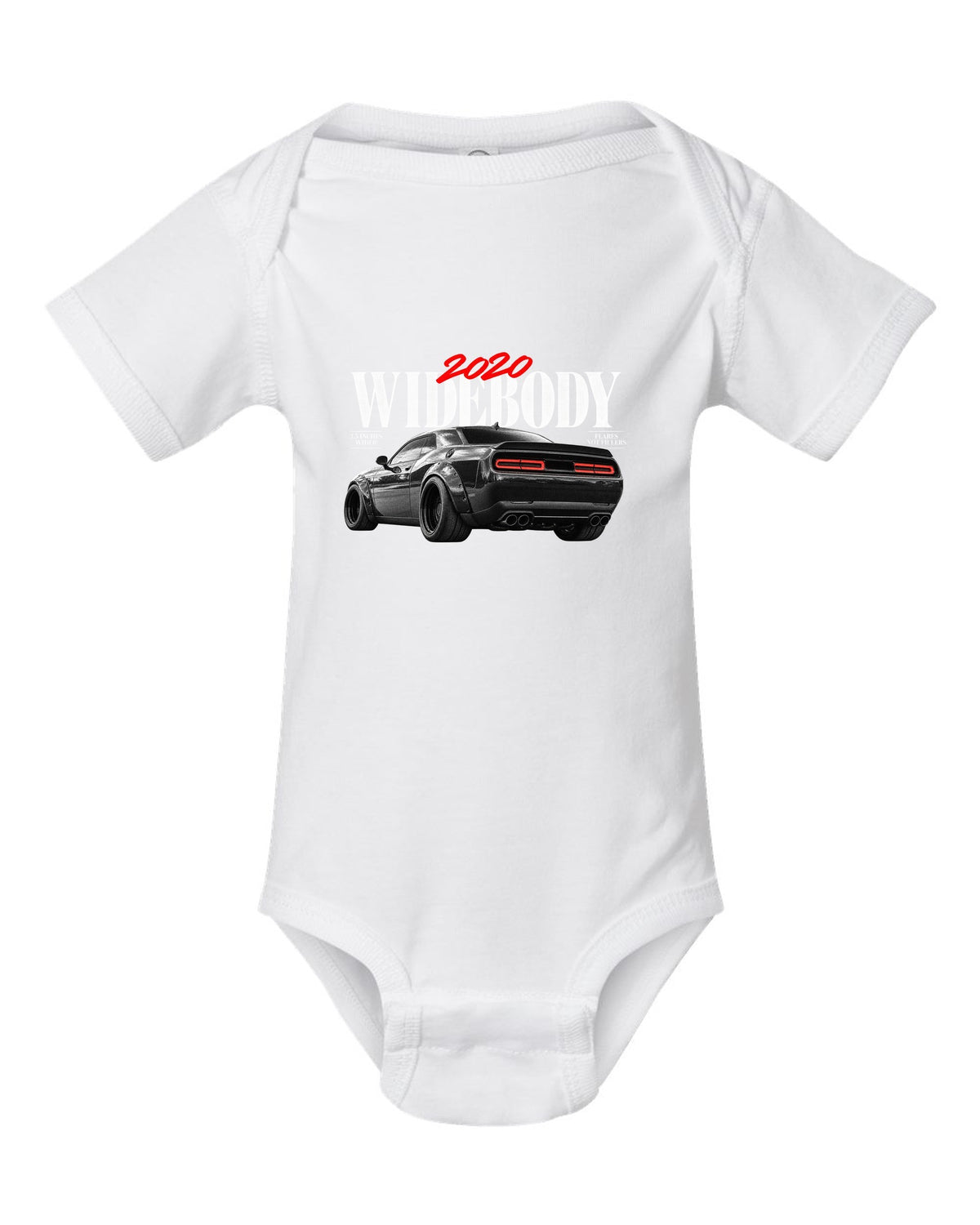 Editorial headline print of a 2020 Dodge Challenger Scat Pack Widebody with 3.5 inches wider text white baby onesie front view with the design