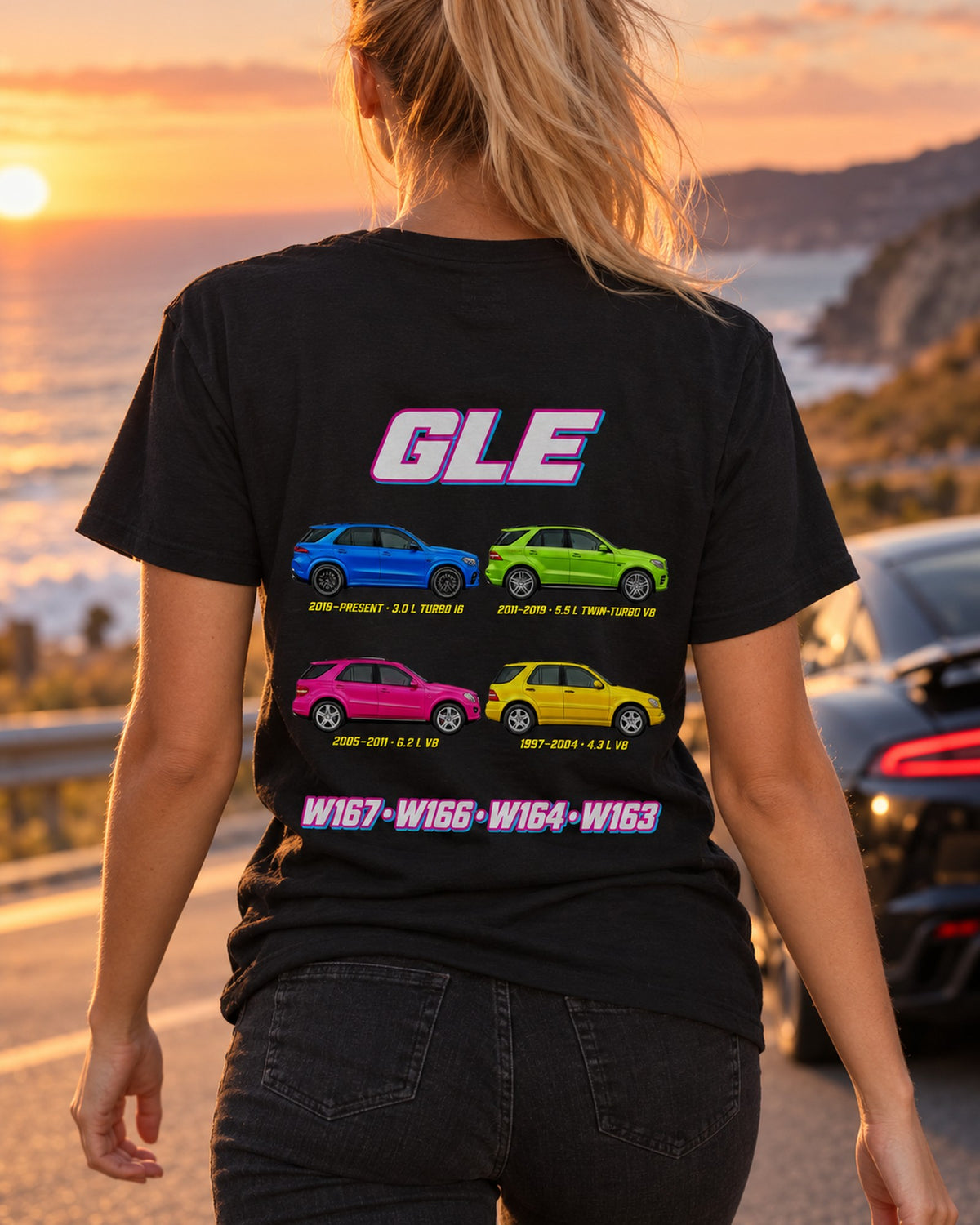 Mercedes GLE ML Evolution Poster Full-Back Graphic Tee T-Shirt Black worn hero