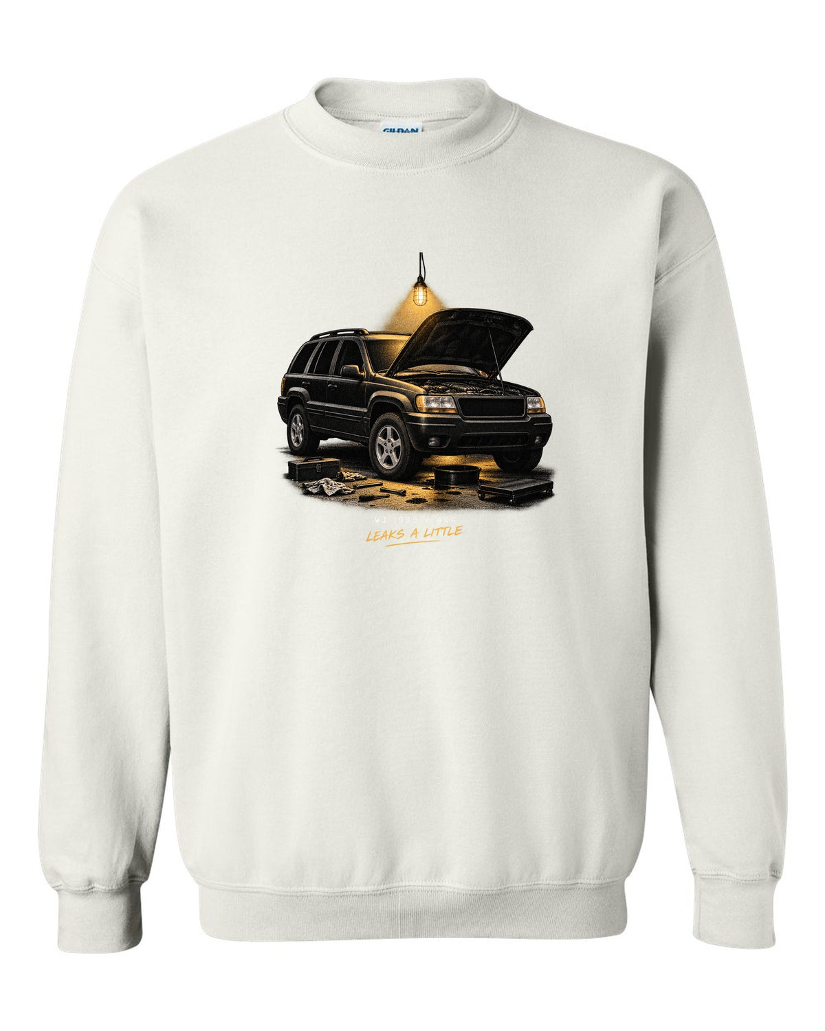 Jeep Grand Cherokee WJ in a night garage print with 1999 4x4 caption white crewneck front view with the design