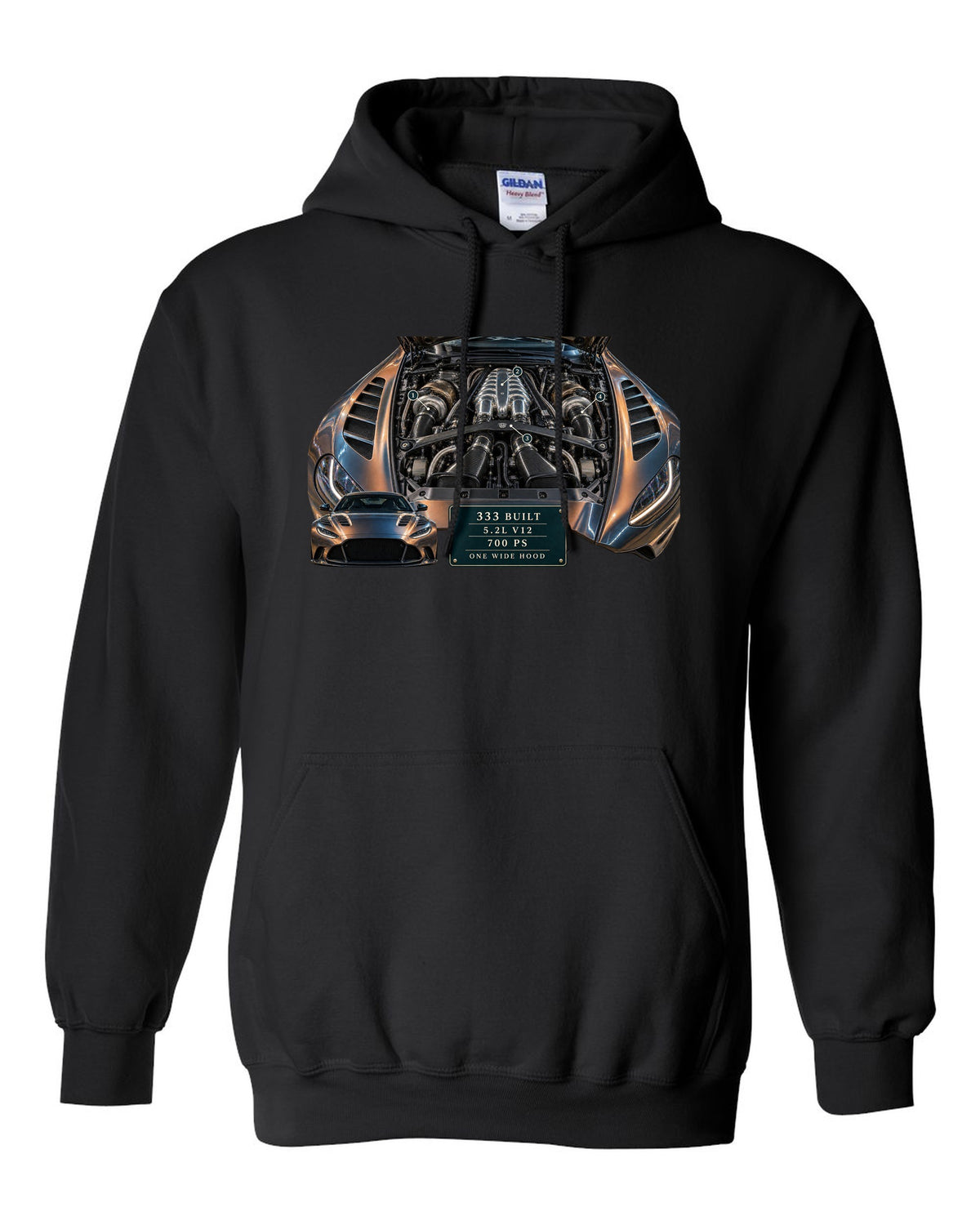 Aston Martin V12 Vantage 2022 engine hero print with 333 built 5.2L V12 700 PS text black pull over hoodie front view with the design