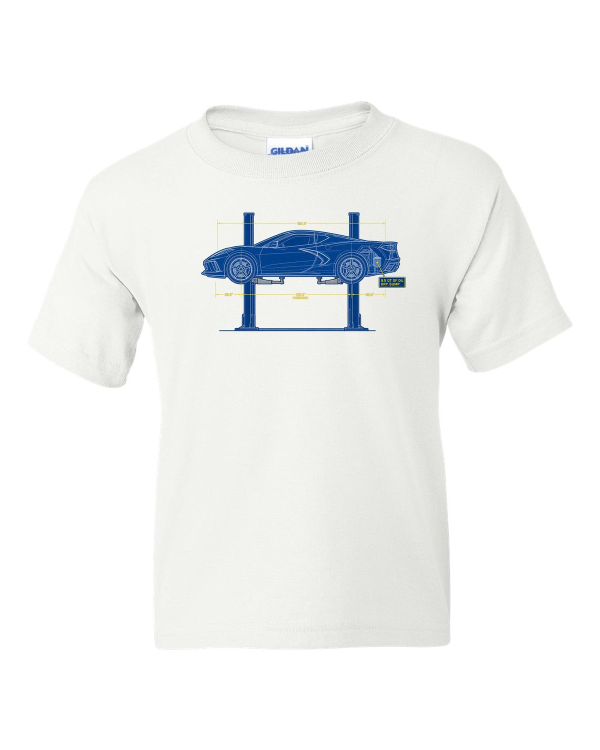 Retro manga halftone panel of a 2023 Chevrolet Corvette C8 Z06 with dry sump oil lettering white kids tee front view with the design