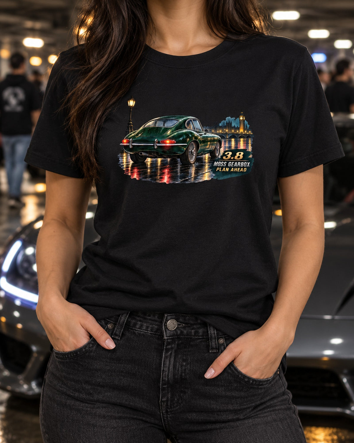 Jaguar E-Type Series 1 Wet Taillights Watercolour Tee T-Shirt Black worn hero